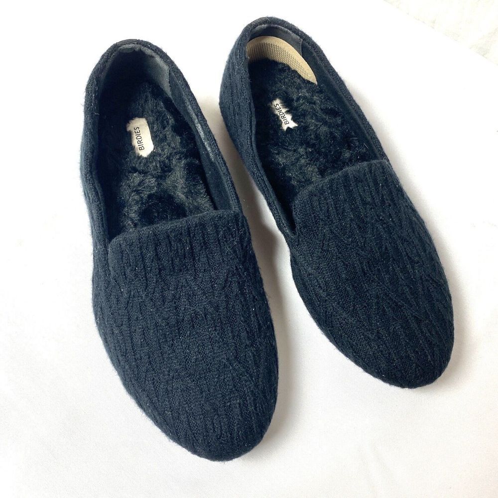 Women's Birdies Faux Fur Lined Starling Cable Knit Shoes Slippers Size 7.5 Black
